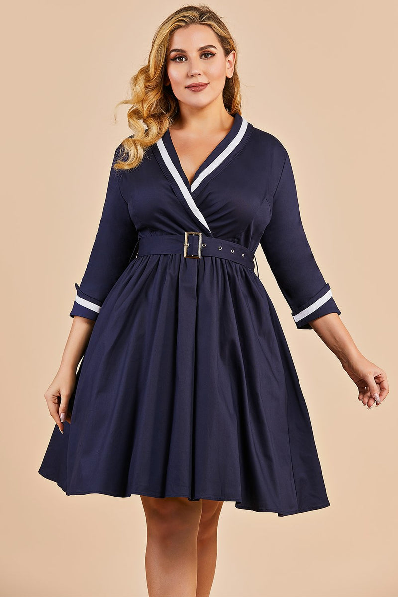 Zapaka Vintage Navy Blue Patchwork Plus Size Dress A-line V Neck Knee Length  Cotton Long Sleeve Casual Wrap Party Dress – ZAPAKA AU